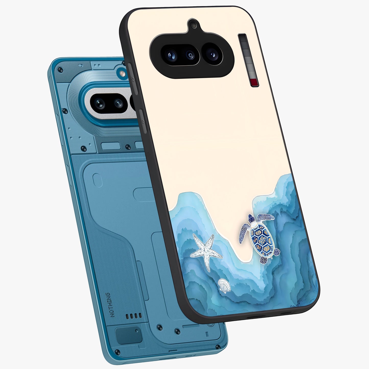 Ocean Drift Turtle Glass Case displayed in angled mockup highlighting peaceful ocean turtle illustration with marine aesthetic.