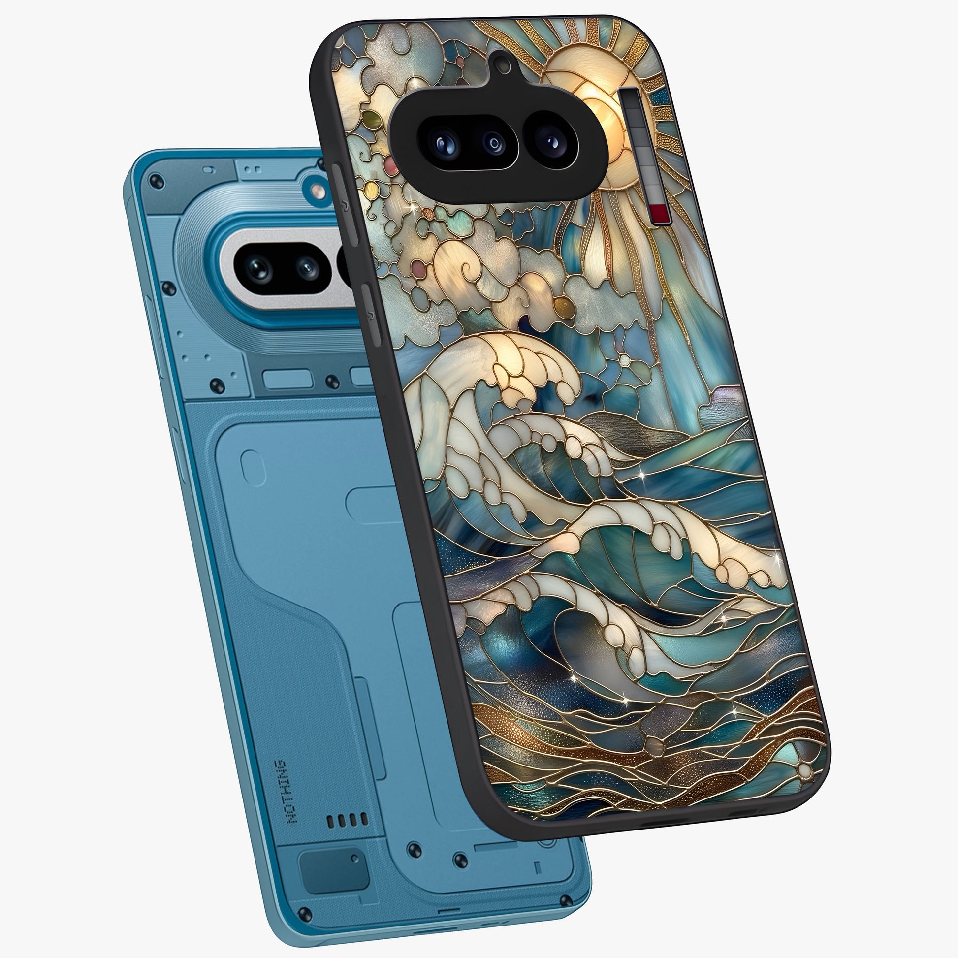 Oceanic Stained Printed Glass Case displayed in angled mockup highlighting colorful aquatic design with artistic aesthetic style.