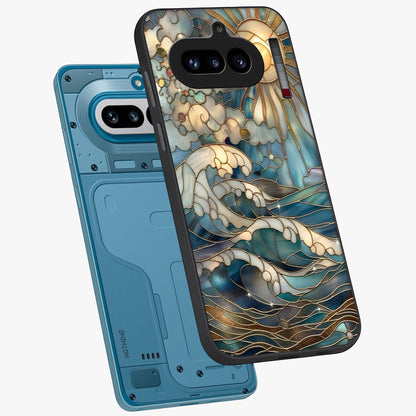 Oceanic Stained Printed Glass Case displayed in angled mockup highlighting colorful aquatic design with artistic aesthetic style.