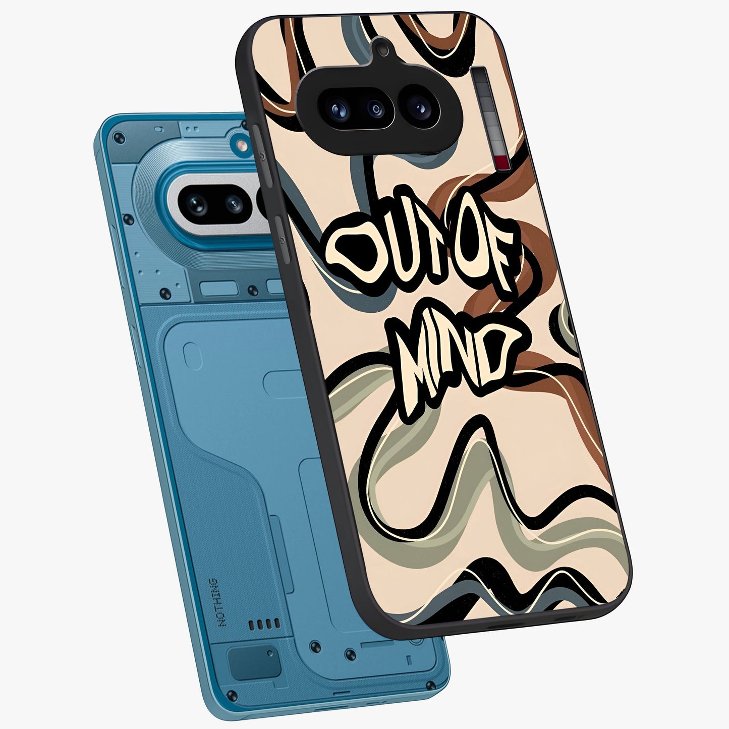 Out Of Mind Glass Case displayed in angled mockup highlighting bold statement design with modern artistic aesthetic.
