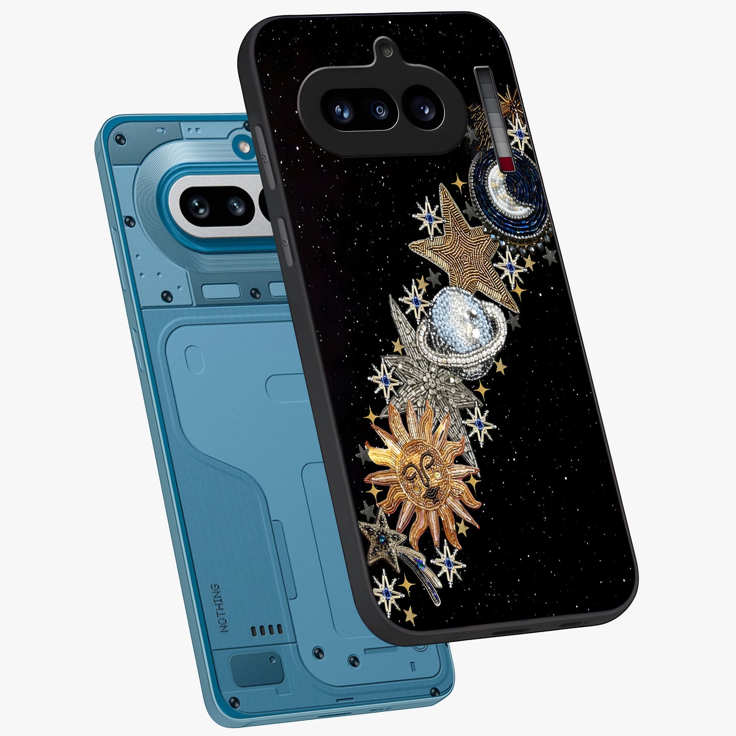 Pearls Universe Object Glass Case displayed in angled mockup highlighting celestial pearl design with dreamy aesthetic.