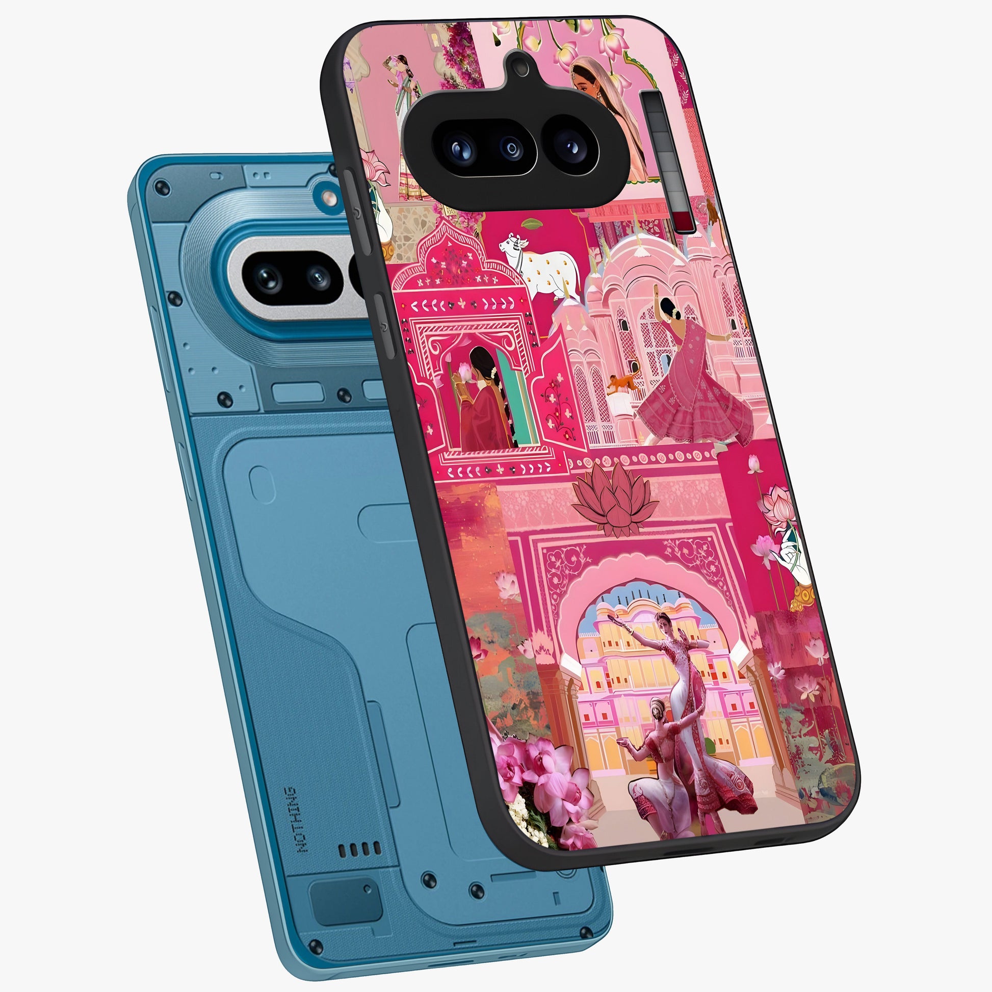 Pink Palace Muse Glass Case displayed in angled mockup highlighting dreamy palace illustration with soft pink aesthetic.