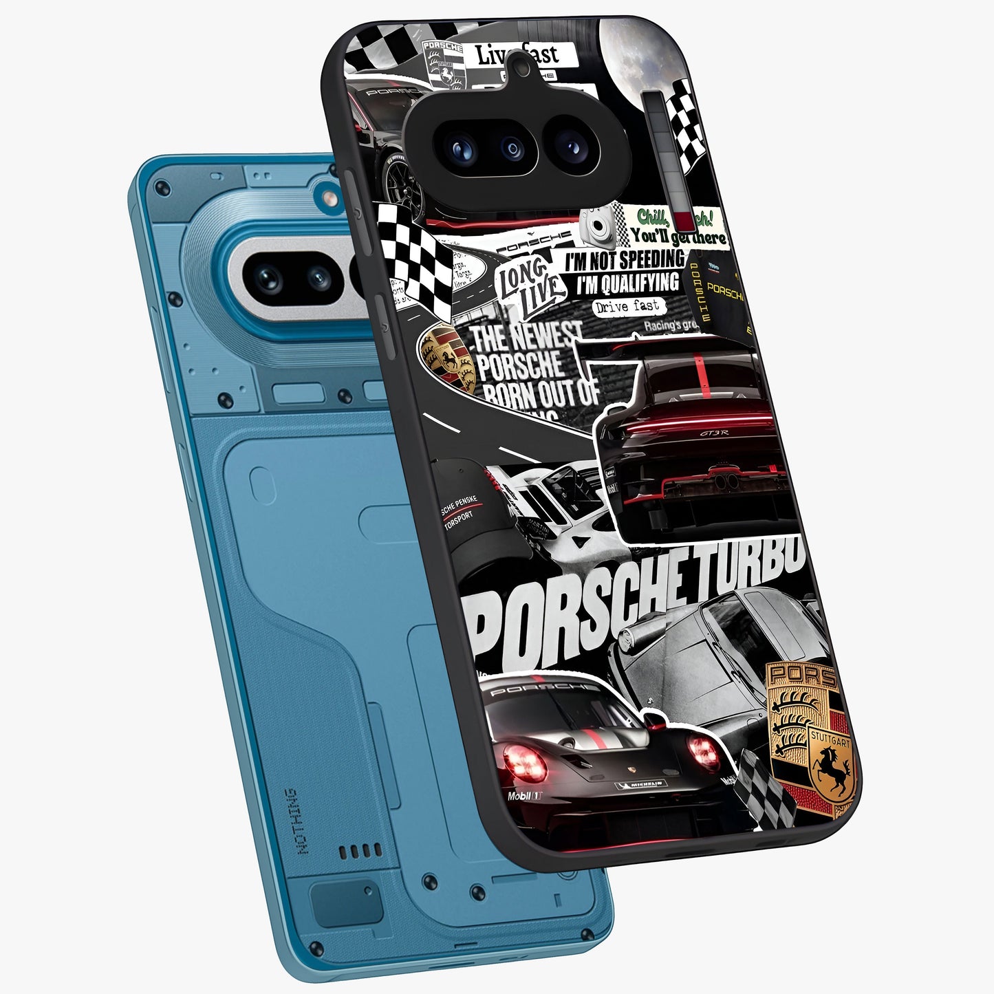Porsche Racing Collage Glass Case displayed in angled mockup highlighting dynamic automotive design with bold racing aesthetic.