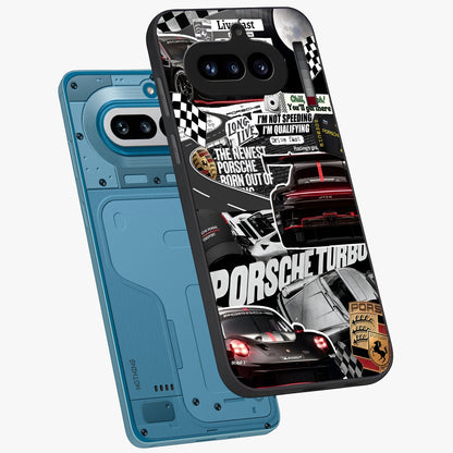Porsche Racing Collage Glass Case displayed in angled mockup highlighting dynamic automotive design with bold racing aesthetic.