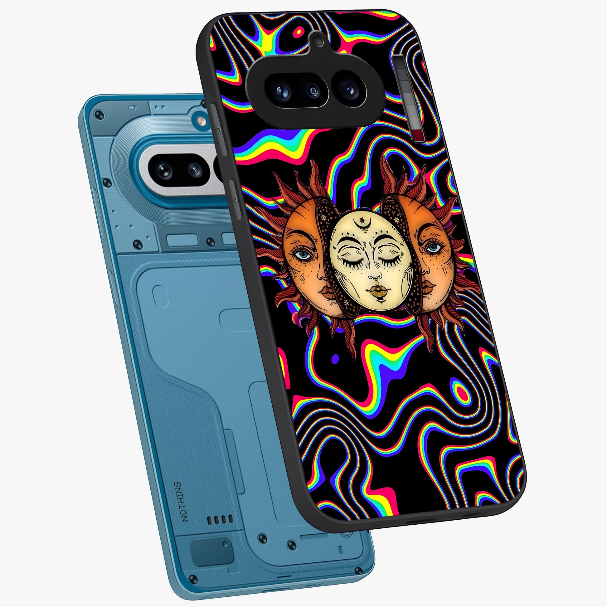 Psychedelic Sun Glass Case displayed in angled mockup highlighting vibrant abstract sun design with artistic aesthetic style.