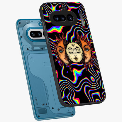 Psychedelic Sun Glass Case displayed in angled mockup highlighting vibrant abstract sun design with artistic aesthetic style.