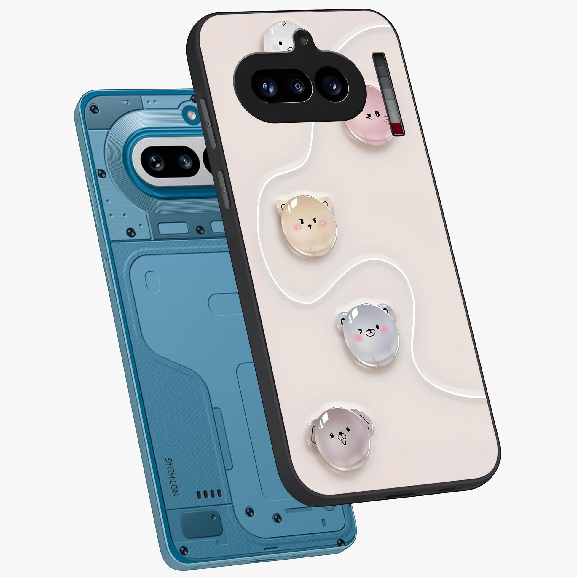 Puffy Face Parade Glass Case displayed in angled mockup highlighting playful cartoon face design with fun aesthetic.