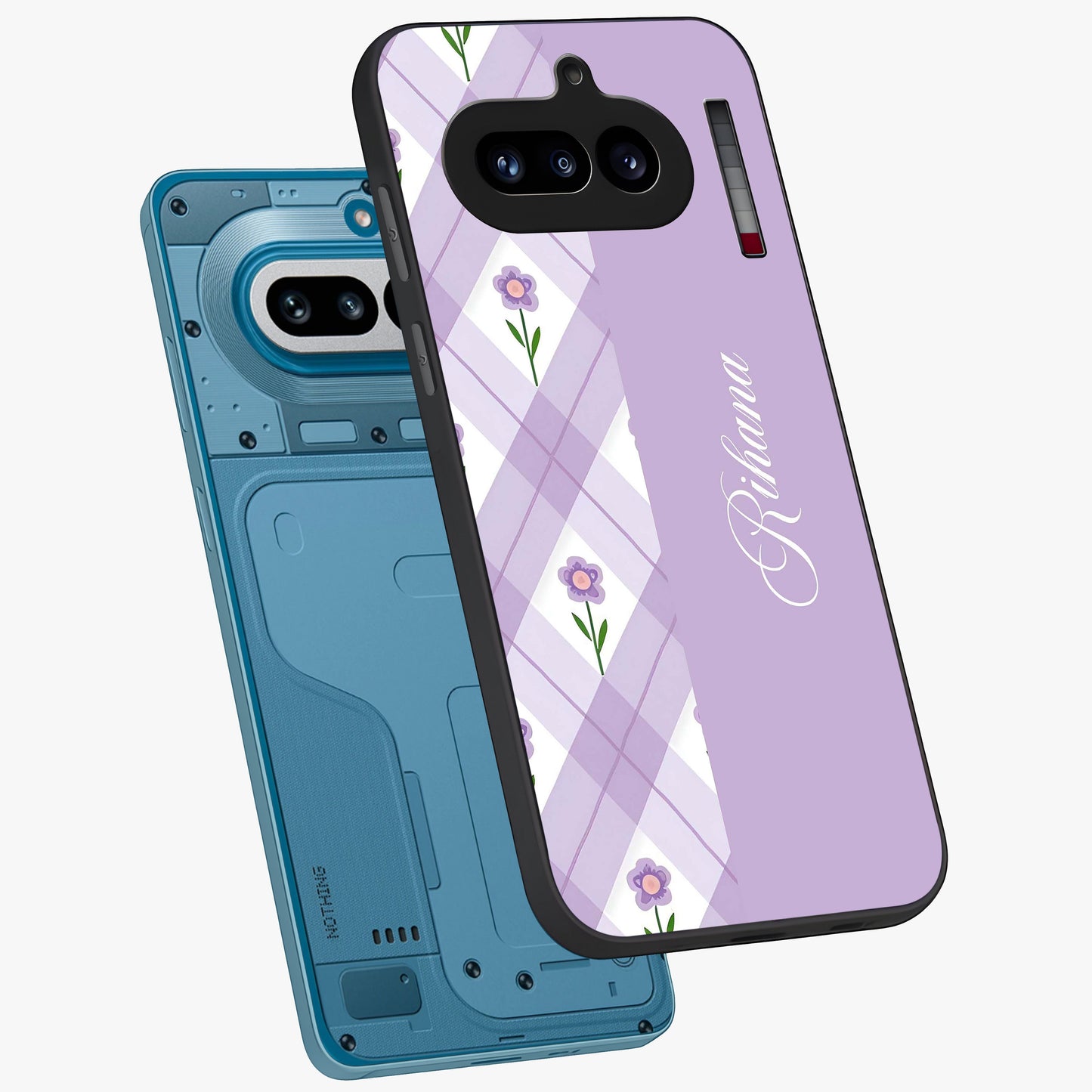 Purple Diamond Floral Glass Case displayed in angled mockup highlighting elegant purple flower design with decorative pattern.