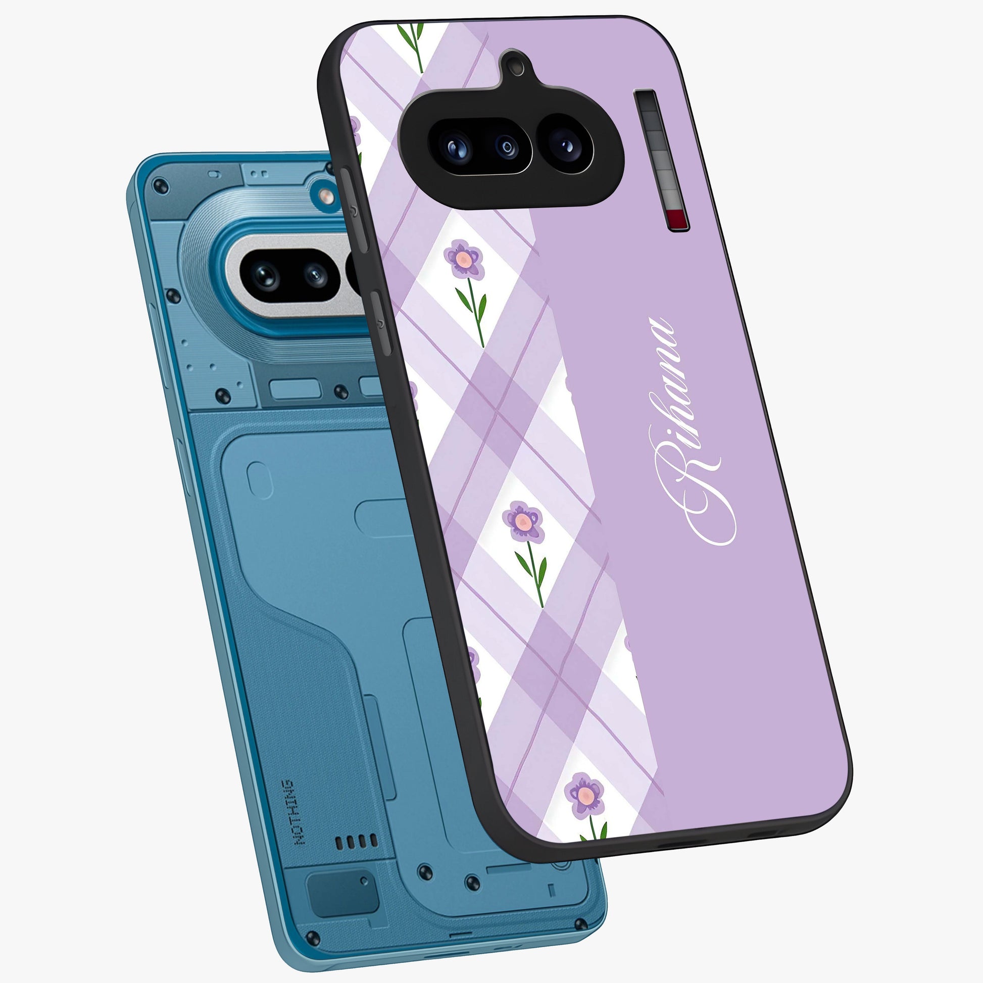 Purple Diamond Floral Glass Case displayed in angled mockup highlighting elegant purple flower design with decorative pattern.