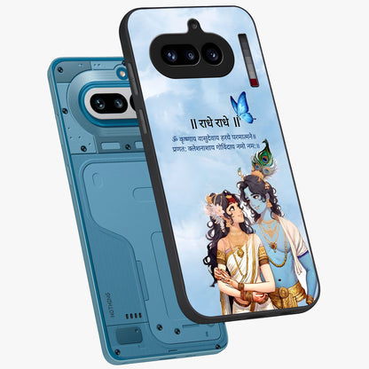 Radha Krishna Eternal Glass Case displayed in angled mockup highlighting divine Radha Krishna illustration with spiritual aesthetic.