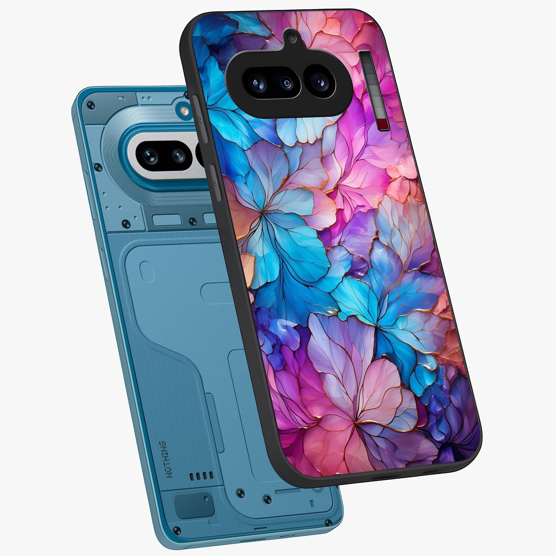 Radiant Floral Whirl Glass Case displayed in angled mockup highlighting vibrant flower pattern with dynamic artistic aesthetic.