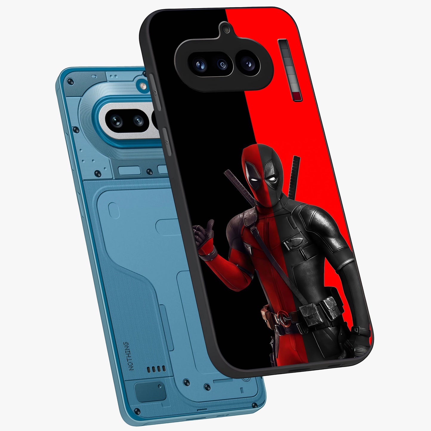 Red & Black Deadpool Theme Glass Case displayed in angled mockup highlighting vibrant superhero style illustration with action aesthetic.