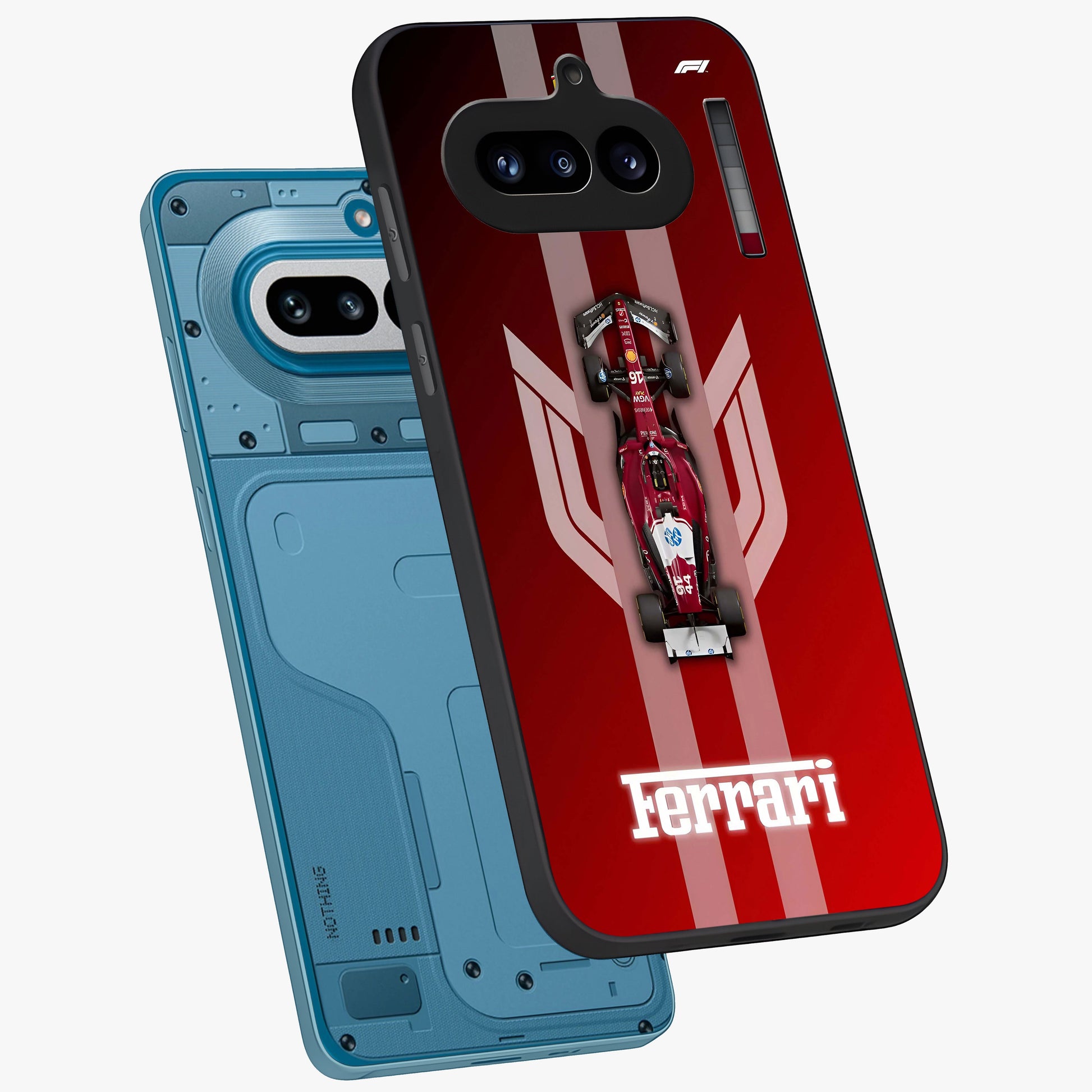 Red Ferrari F1 Vertical Glass Case displayed in angled mockup highlighting high speed racing design with bold automotive aesthetic.