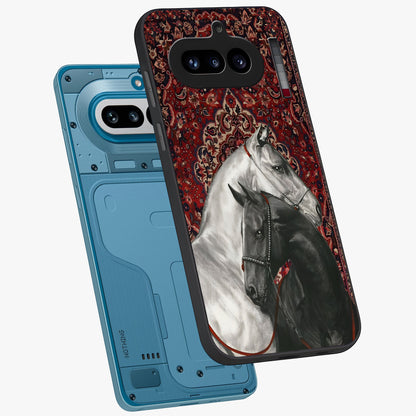 Regal Stallion Tapestry Glass Case displayed in angled mockup highlighting royal stallion design with decorative heritage aesthetic.
