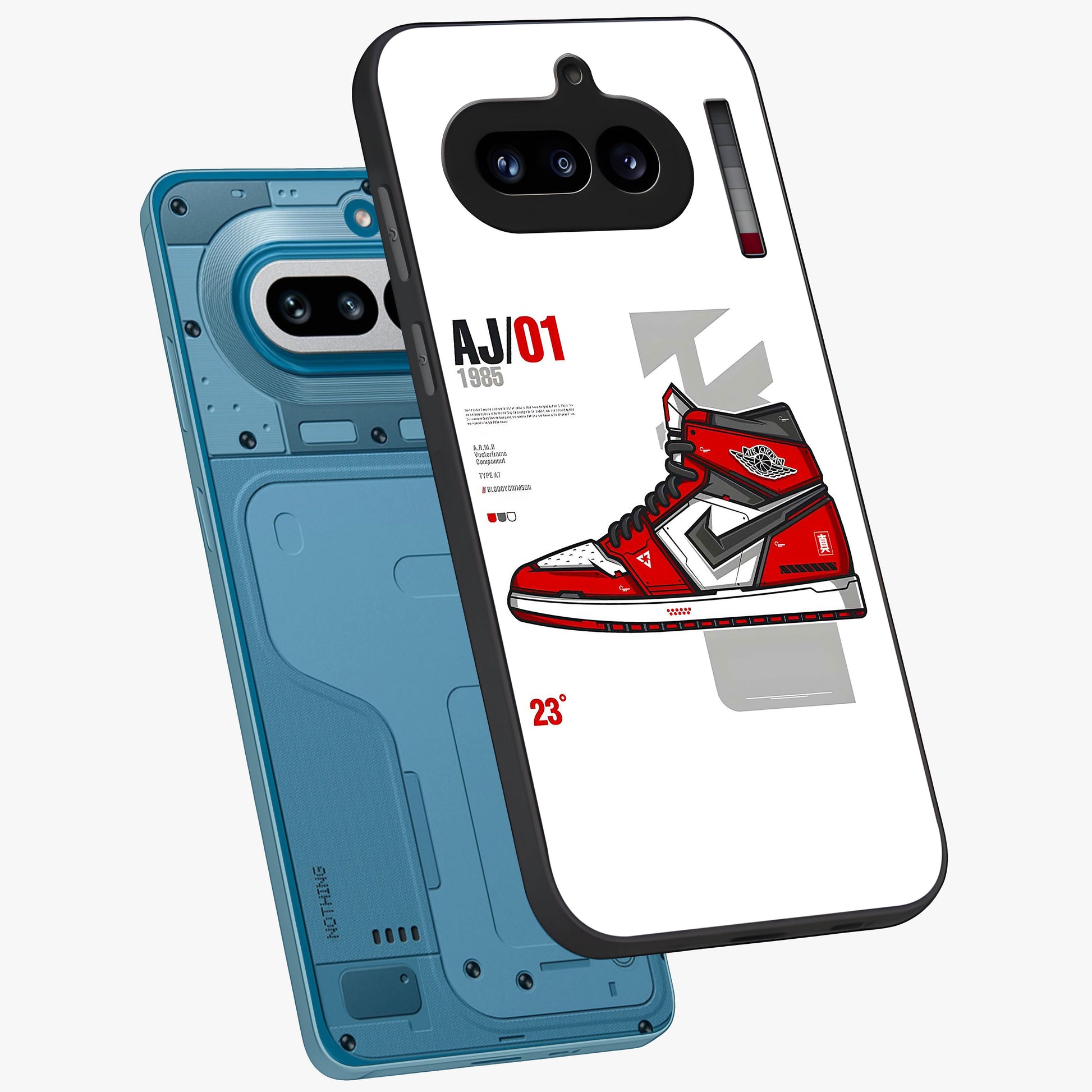 Retro Sneaker Blueprint Glass Case displayed in angled mockup highlighting detailed shoe design with sporty retro aesthetic.