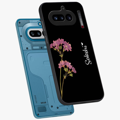 Riching Lavender Flower Custom Name Glass Case displayed in angled mockup highlighting delicate lavender flower design with custom name feature.