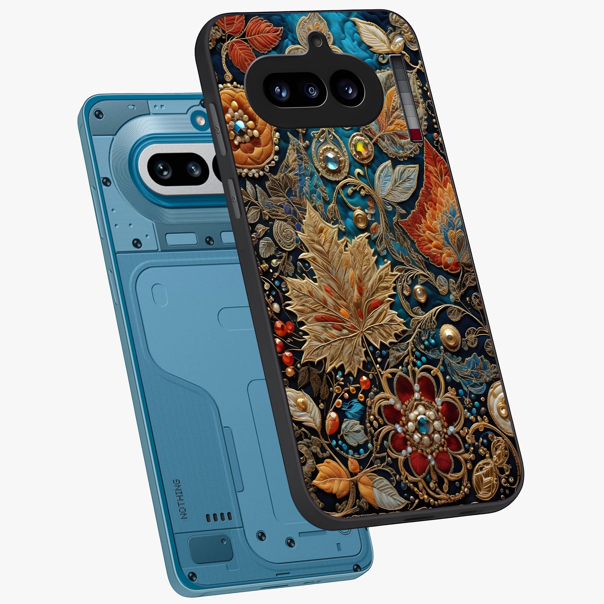 Royal Jewel Garden Glass Case displayed in angled mockup highlighting vibrant jewel inspired floral design with elegant aesthetic.