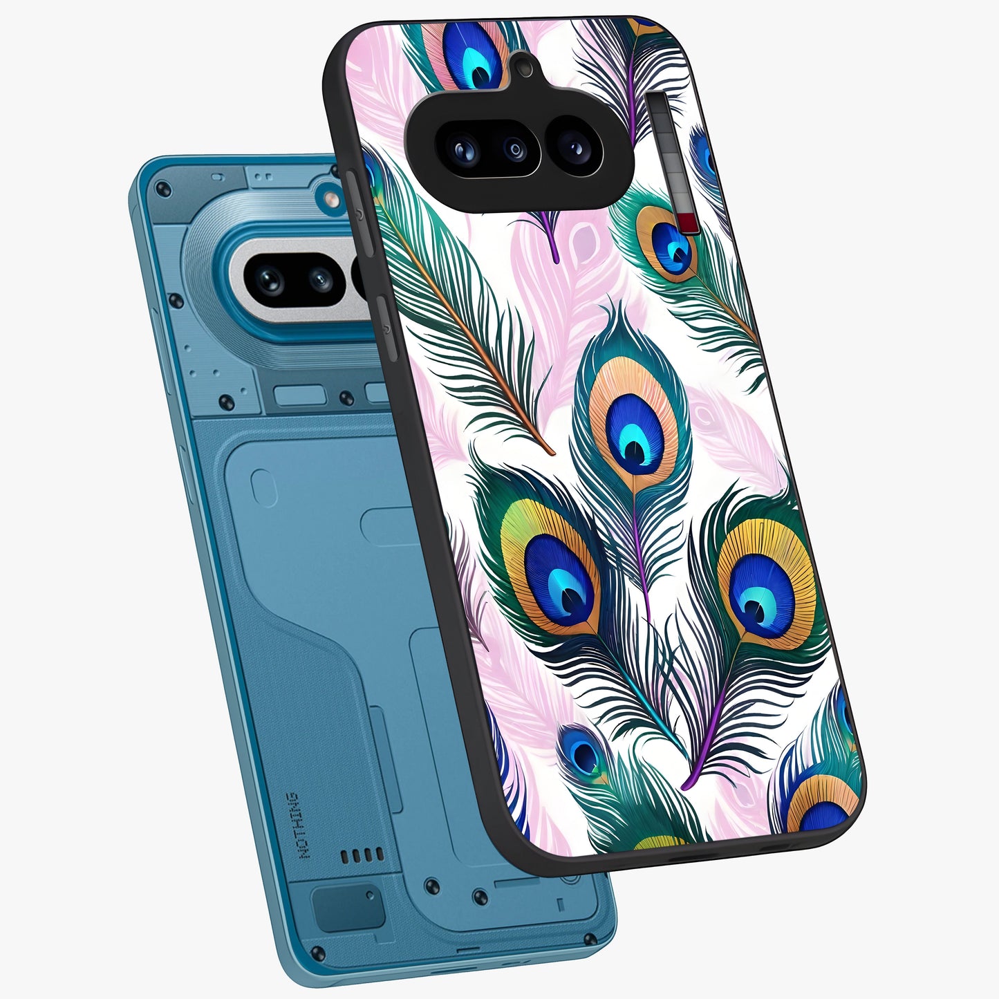 Royal Peacock Feathers Glass Case displayed in angled mockup highlighting vibrant feather pattern with regal aesthetic style.