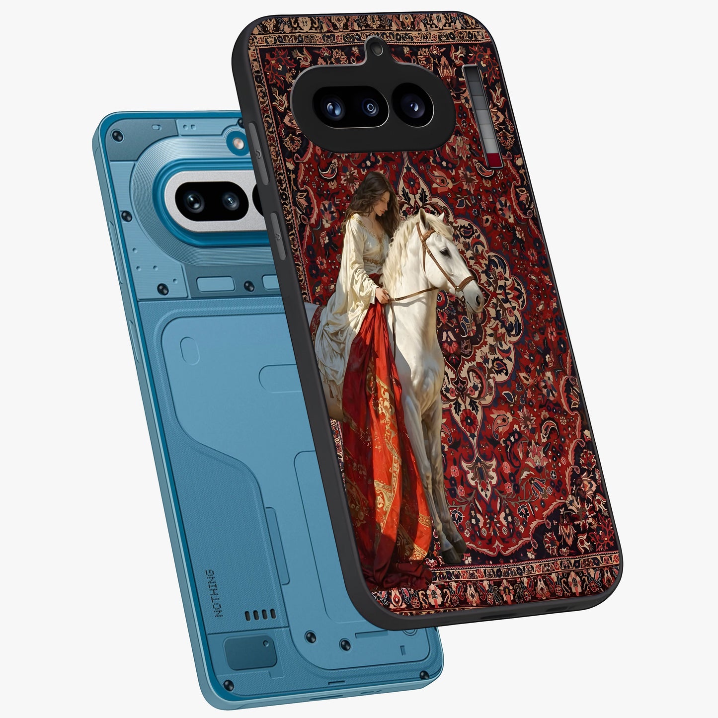 Royal Rider Tapestry Glass Case displayed in angled mockup highlighting traditional tapestry design with royal heritage aesthetic.