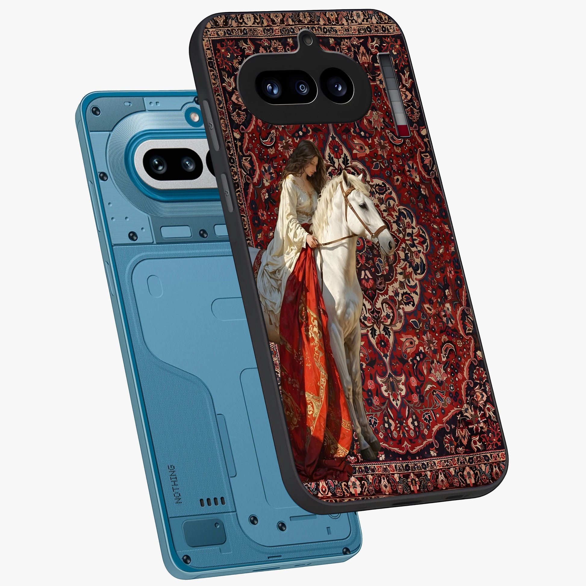 Royal Rider Tapestry Glass Case displayed in angled mockup highlighting traditional tapestry design with royal heritage aesthetic.
