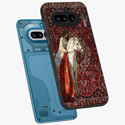 Royal Rider Tapestry Glass Case displayed in angled mockup highlighting traditional tapestry design with royal heritage aesthetic.