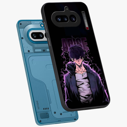 Shadow Monarch Awakening Glass Case displayed in angled mockup highlighting dramatic shadow warrior design with fantasy aesthetic.