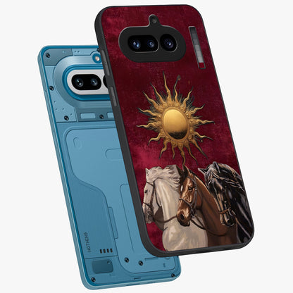 Solar Riders Glass Case displayed in angled mockup highlighting powerful rider illustration with radiant solar aesthetic.