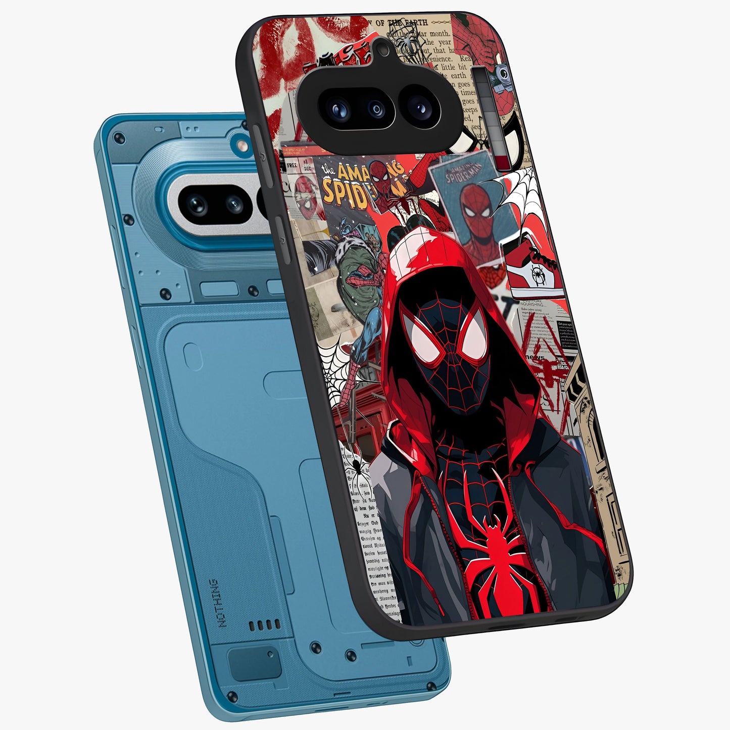 Spider Collage Street Glass Case displayed in angled mockup highlighting dynamic street style collage design with comic aesthetic.