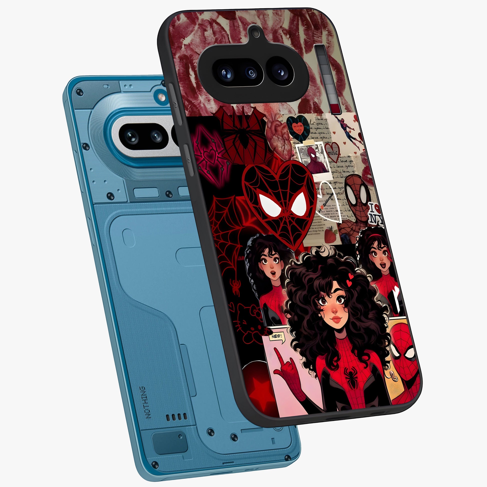 Spider Love Story Glass Case displayed in angled mockup highlighting expressive comic inspired design with playful aesthetic.