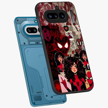 Spider Love Story Glass Case displayed in angled mockup highlighting expressive comic inspired design with playful aesthetic.