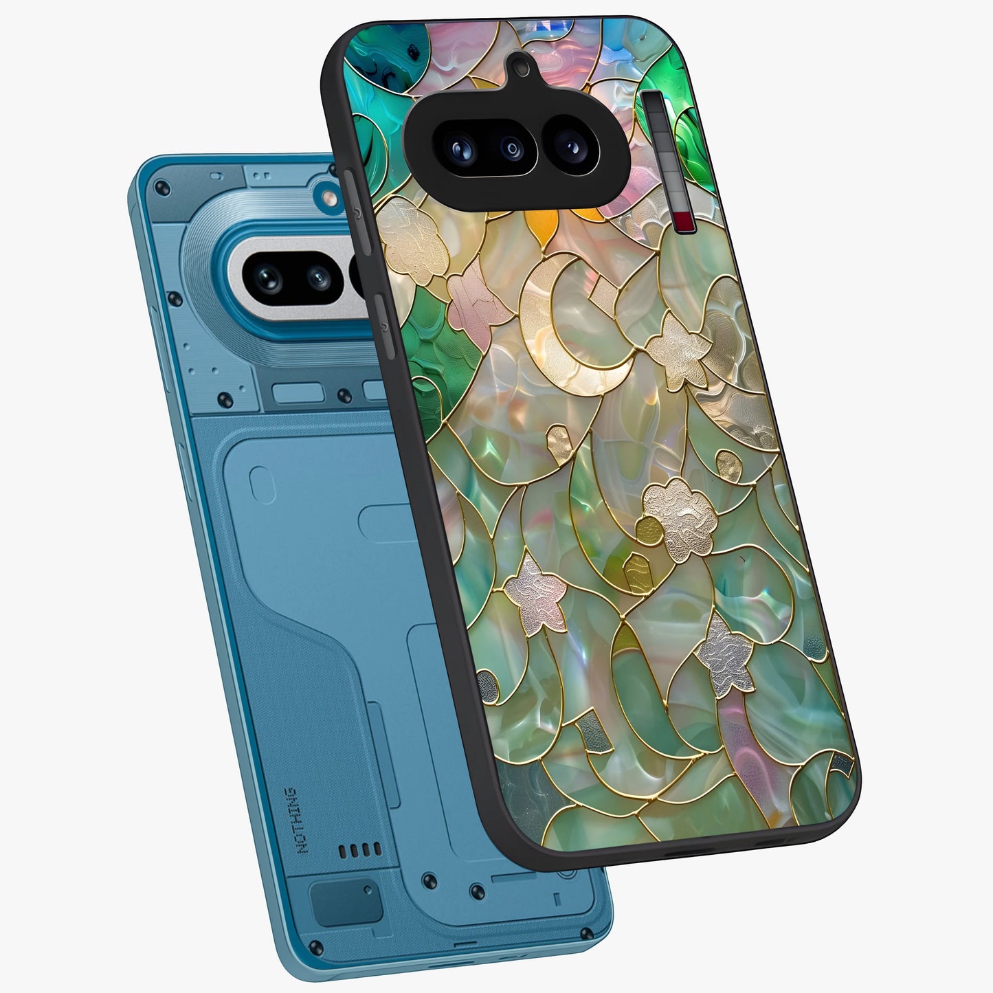 Stained Sunrise Glow Glass Case displayed in angled mockup highlighting radiant sunrise design with artistic aesthetic style.