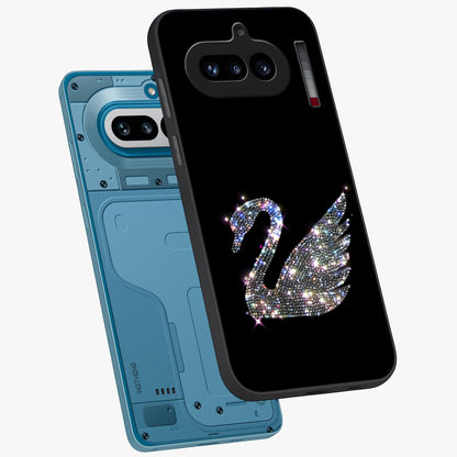 Starlit Swan Grace Glass Case displayed in angled mockup highlighting elegant swan illustration with dreamy celestial aesthetic.