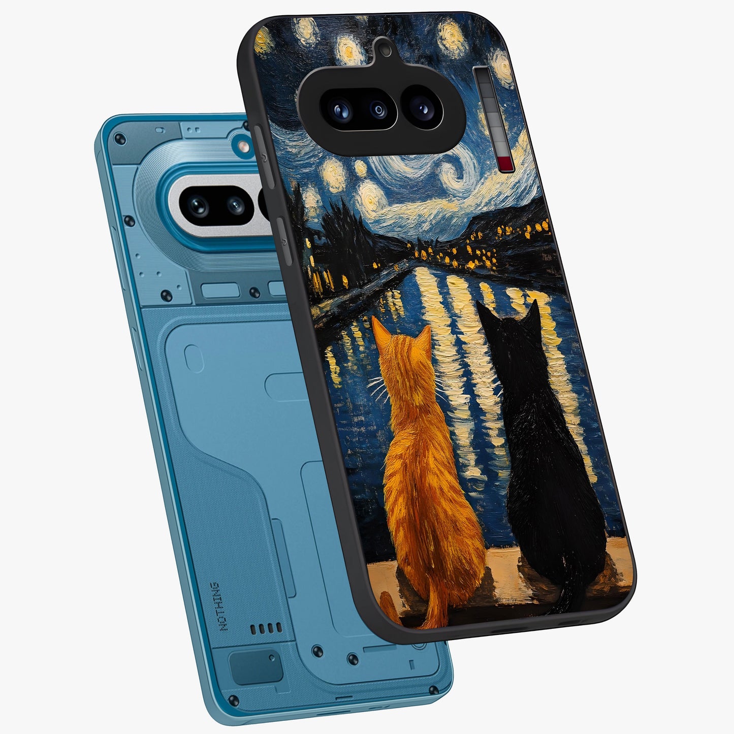 Starry River Cats Glass Case displayed in angled mockup highlighting charming feline illustration with dreamy night aesthetic.