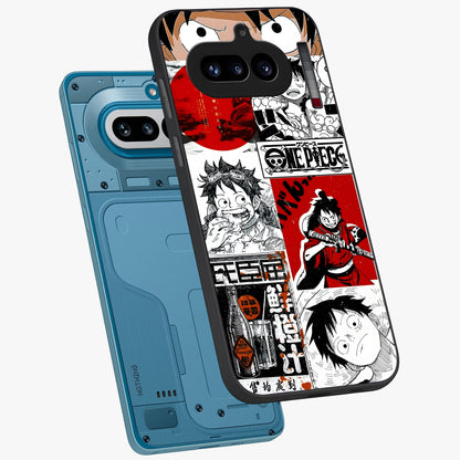 Strawhat Chaos Panels Glass Case displayed in angled mockup highlighting vibrant anime collage design with action aesthetic.