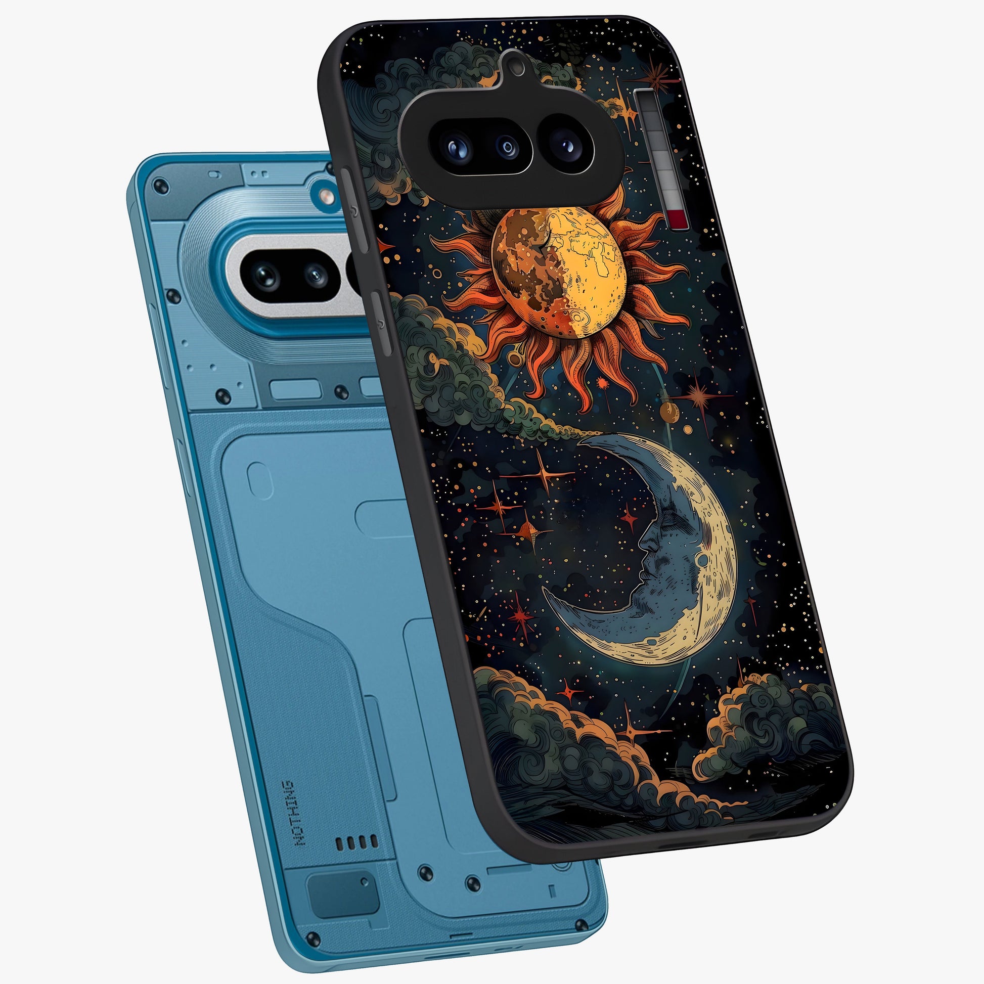 Sun And Moon Magic Design Glass Case displayed in angled mockup highlighting celestial design with magical cosmic aesthetic.