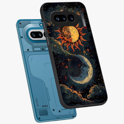 Sun And Moon Magic Design Glass Case displayed in angled mockup highlighting celestial design with magical cosmic aesthetic.