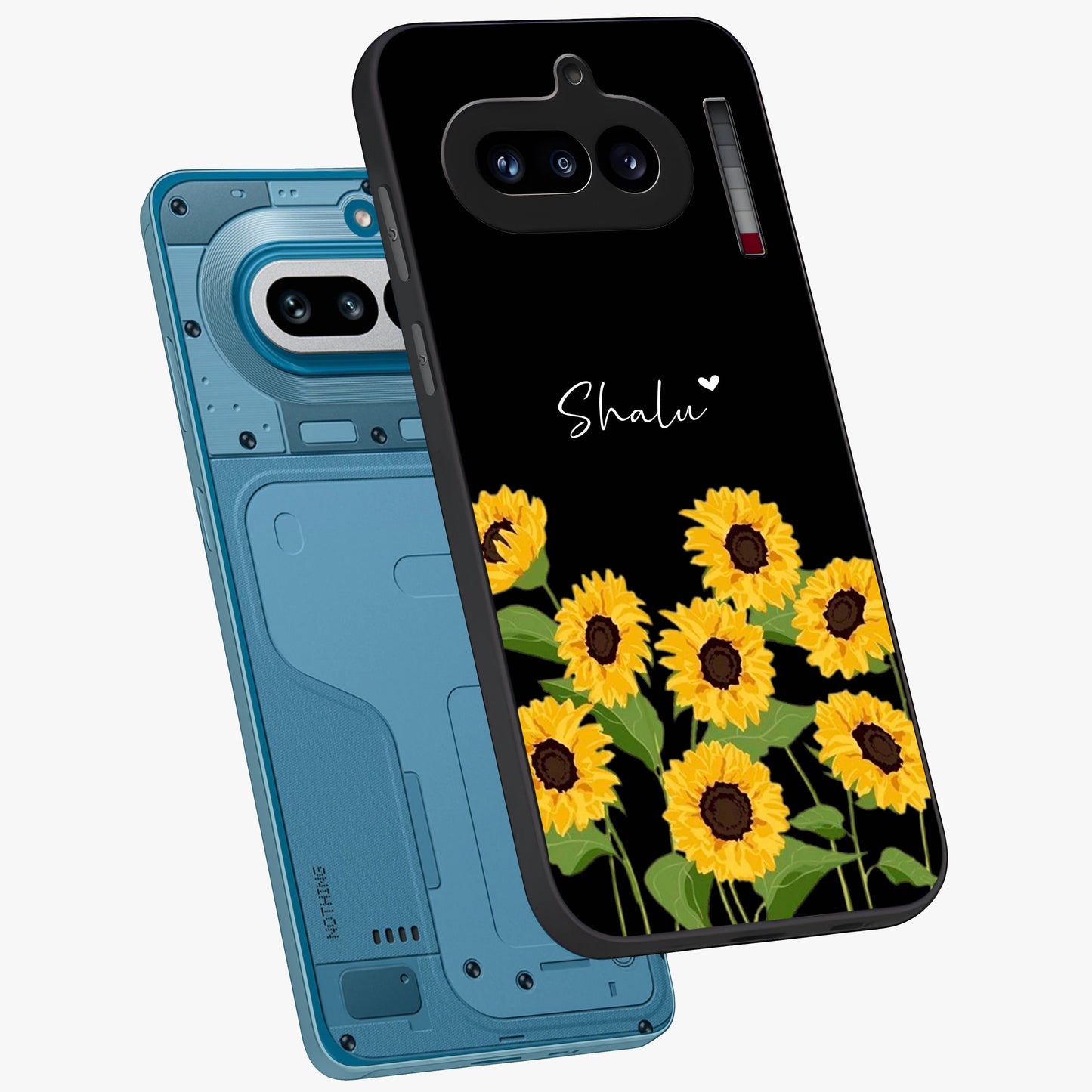 Sunflower Chic Mood Custom Name Glass Case displayed in angled mockup highlighting vibrant sunflower design with custom name feature.