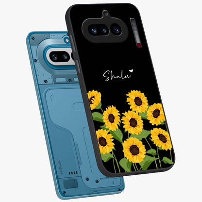 Sunflower Chic Mood Custom Name Glass Case displayed in angled mockup highlighting vibrant sunflower design with custom name feature.