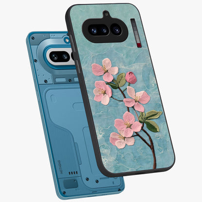 Threaded Blossom Breeze Glass Case displayed in angled mockup highlighting elegant floral design with soft aesthetic style.