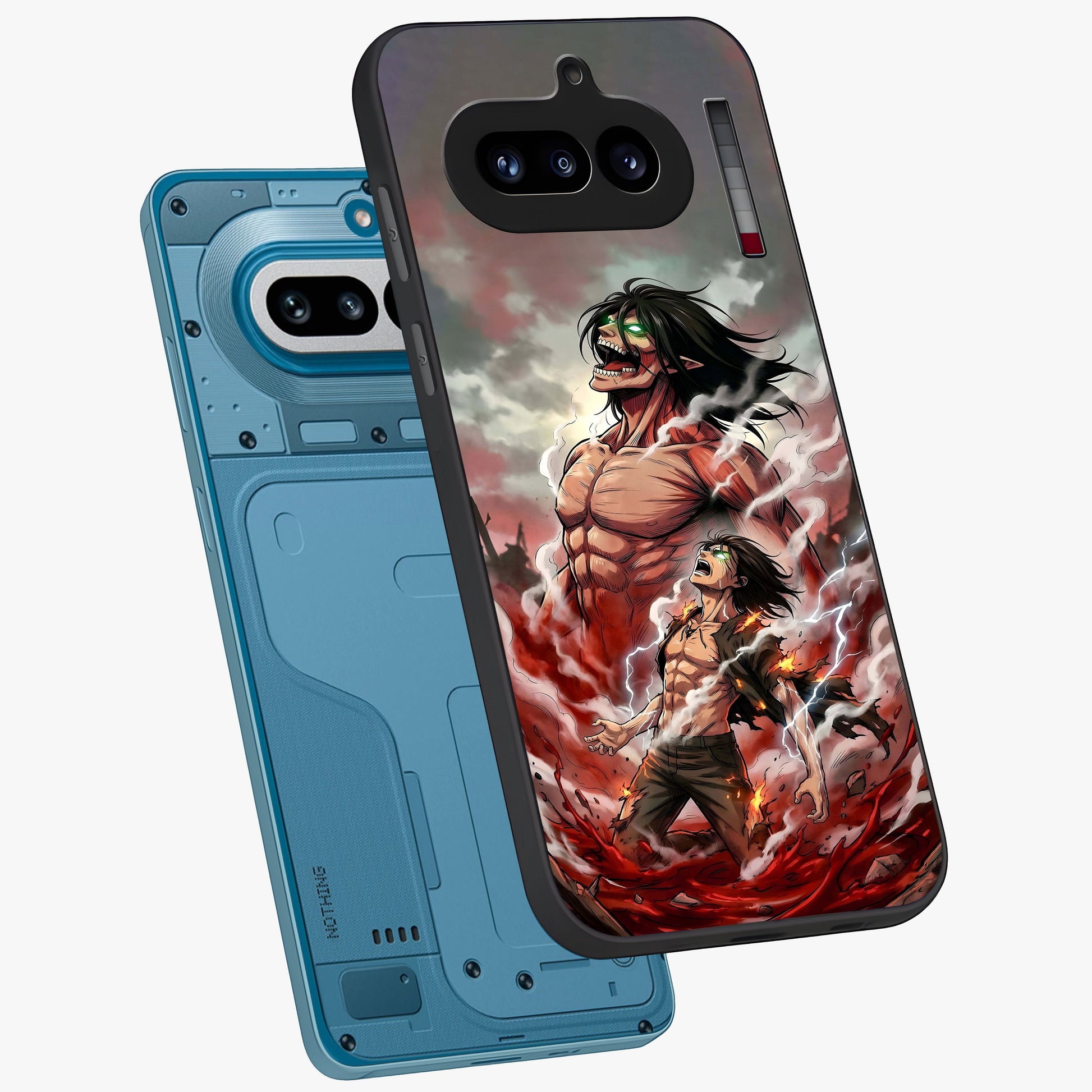 Titan Awakening Fury Glass Case displayed in angled mockup highlighting dramatic giant warrior design with bold anime aesthetic.