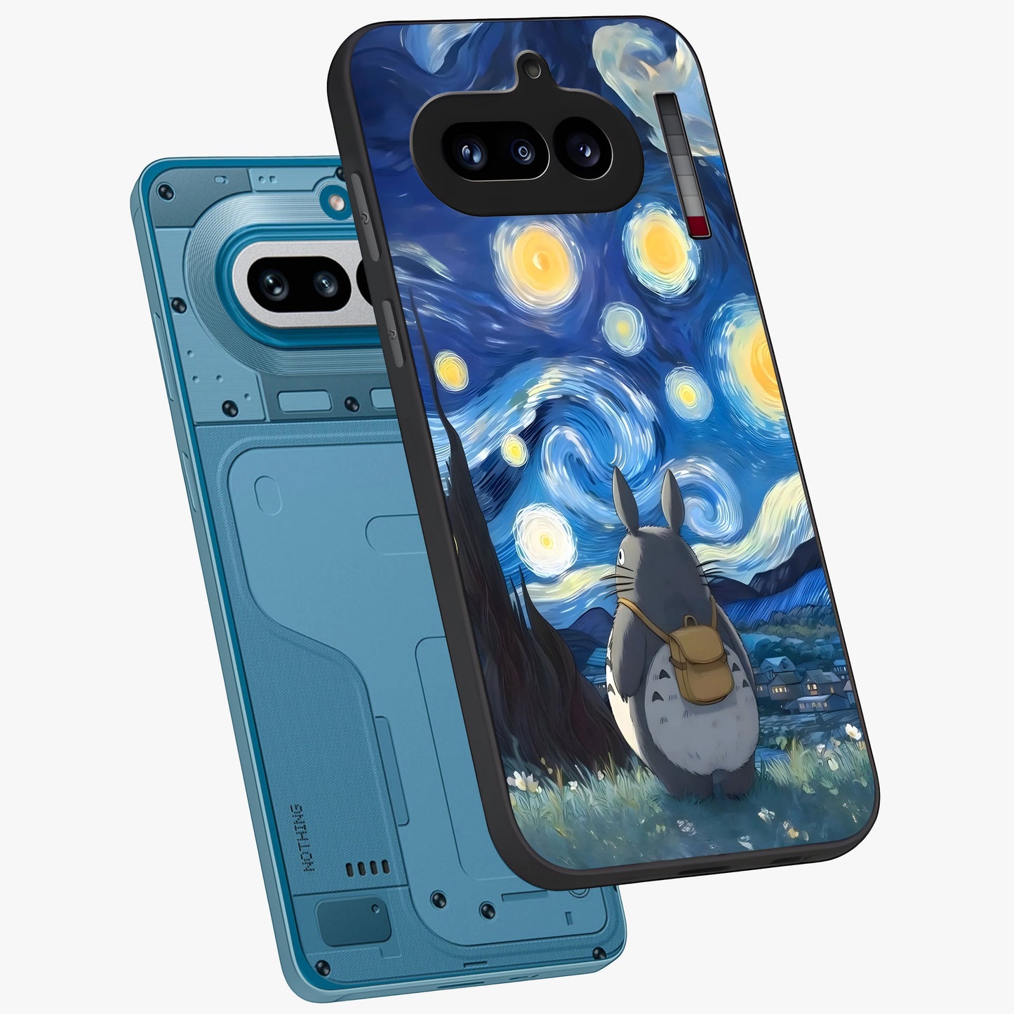 Totoro In Van Gogh Art Glass Case displayed in angled mockup highlighting artistic swirling sky design with playful animation aesthetic.