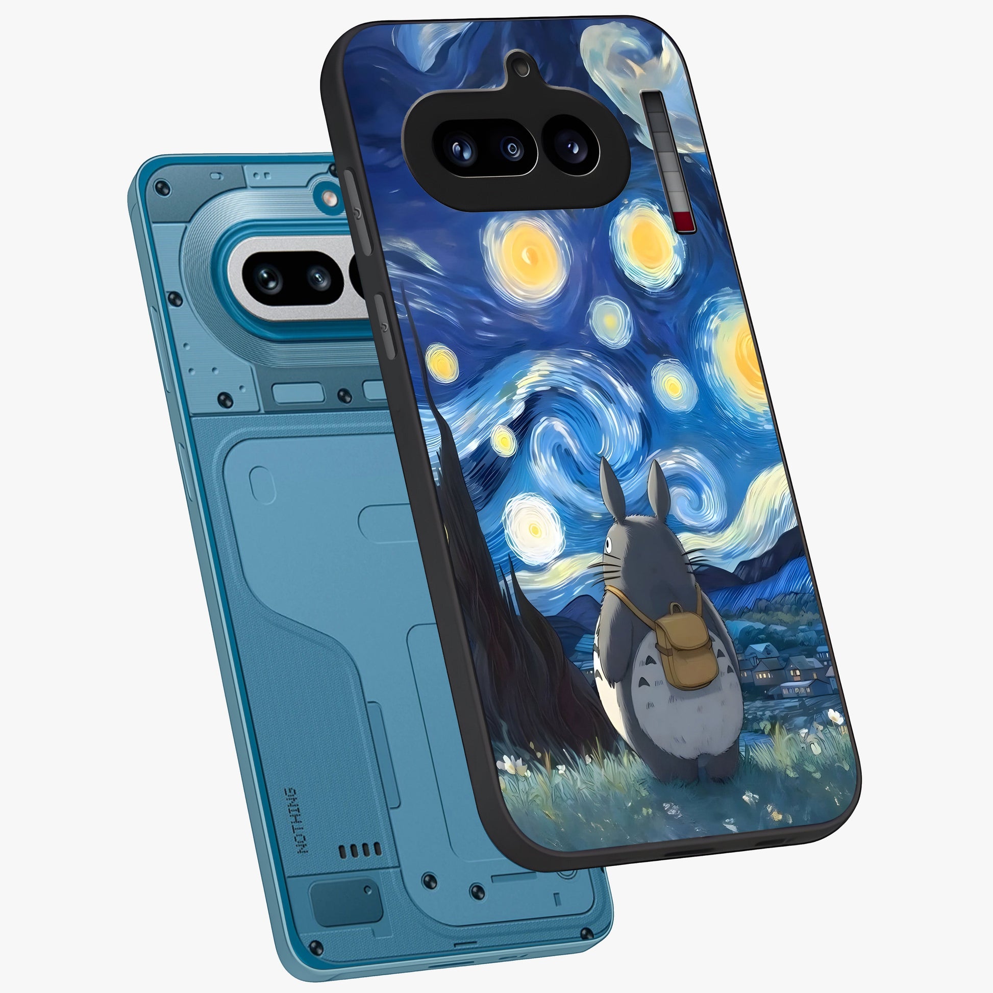 Totoro In Van Gogh Art Glass Case displayed in angled mockup highlighting artistic swirling sky design with playful animation aesthetic.