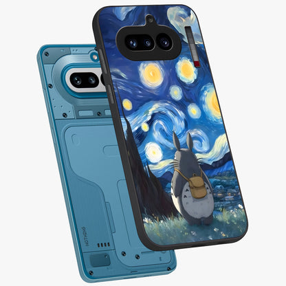 Totoro In Van Gogh Art Glass Case displayed in angled mockup highlighting artistic swirling sky design with playful animation aesthetic.