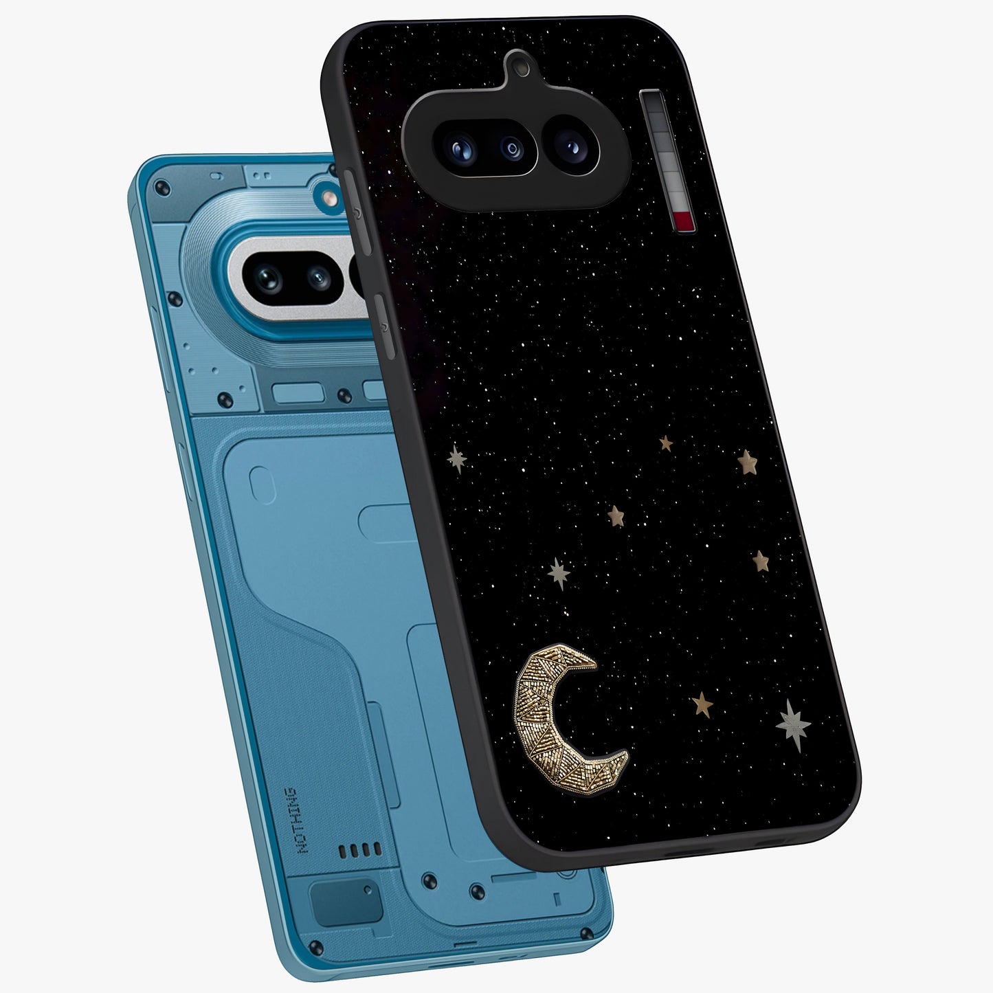 Twinkle Star With Half Moon Glass Case displayed in angled mockup highlighting celestial moon and star design with magical aesthetic.