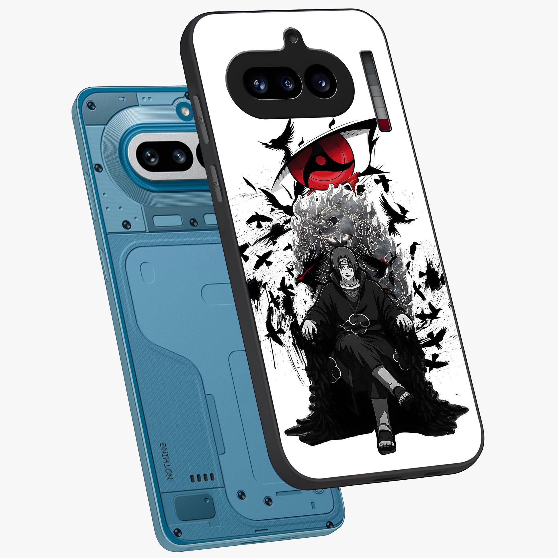 Uchiha Shadow Throne Glass Case displayed in angled mockup highlighting glowing aquatic design with celestial aesthetic.
