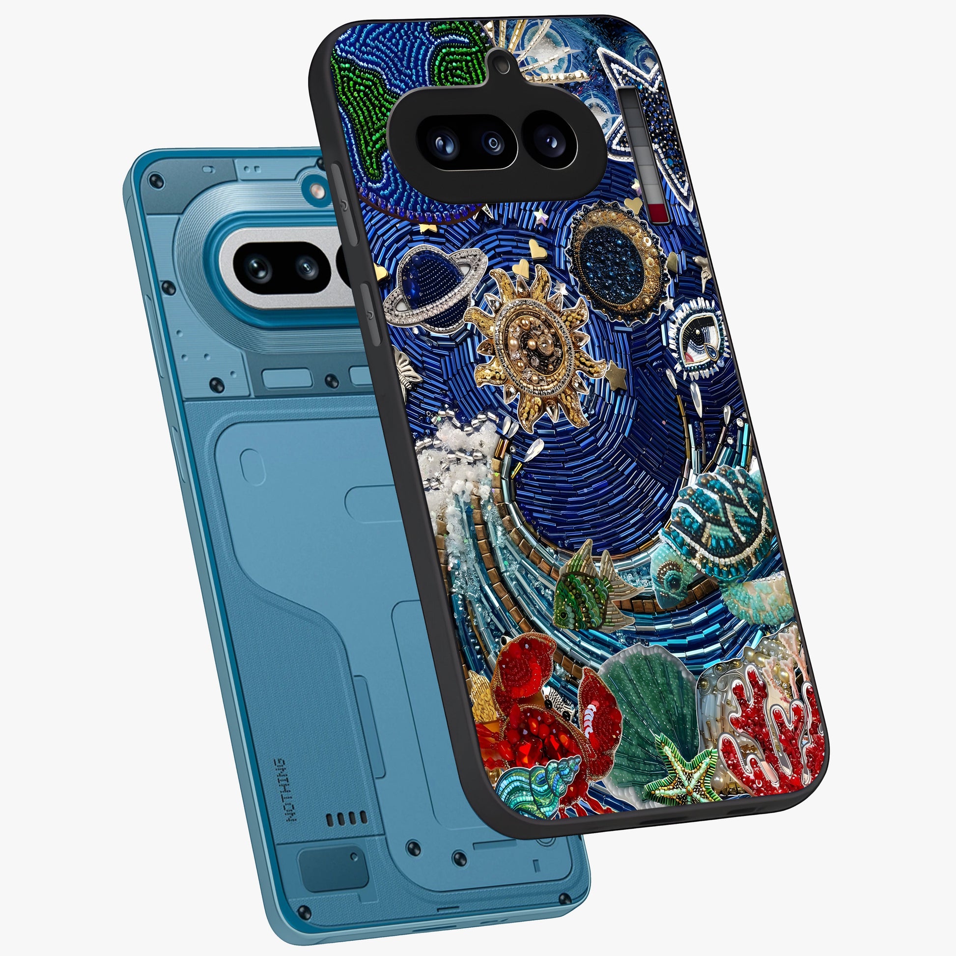 Universe Underwater Spark Glass Case displayed in angled mockup highlighting glowing aquatic design with celestial aesthetic.