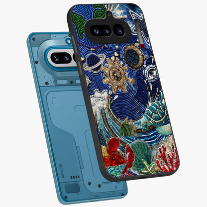 Universe Underwater Spark Glass Case displayed in angled mockup highlighting glowing aquatic design with celestial aesthetic.