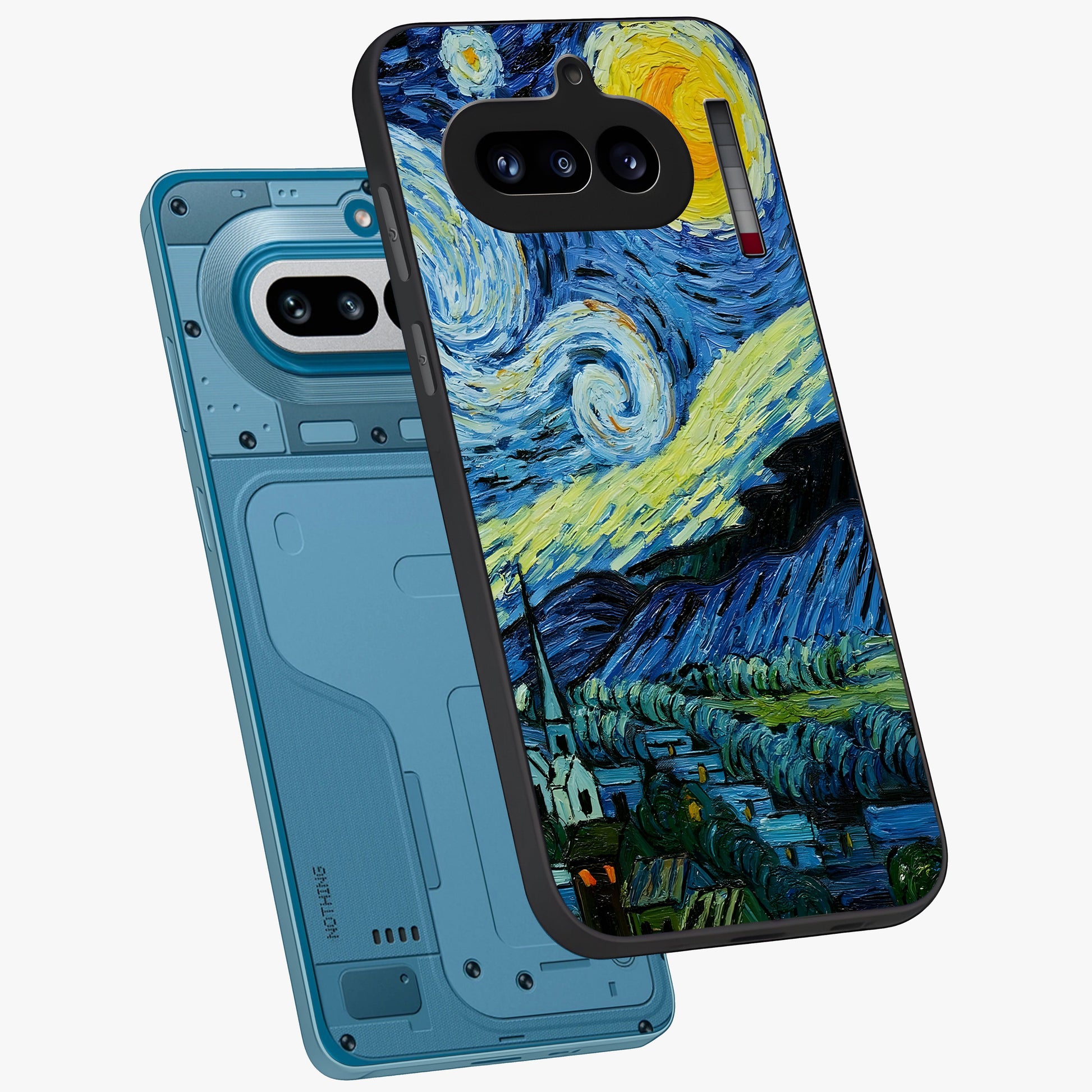 Van Gogh Art Glass Case displayed in angled mockup highlighting swirling brushstroke design with artistic aesthetic.