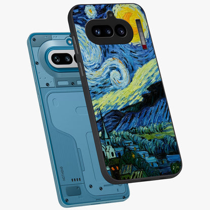 Van Gogh Art Glass Case displayed in angled mockup highlighting swirling brushstroke design with artistic aesthetic.