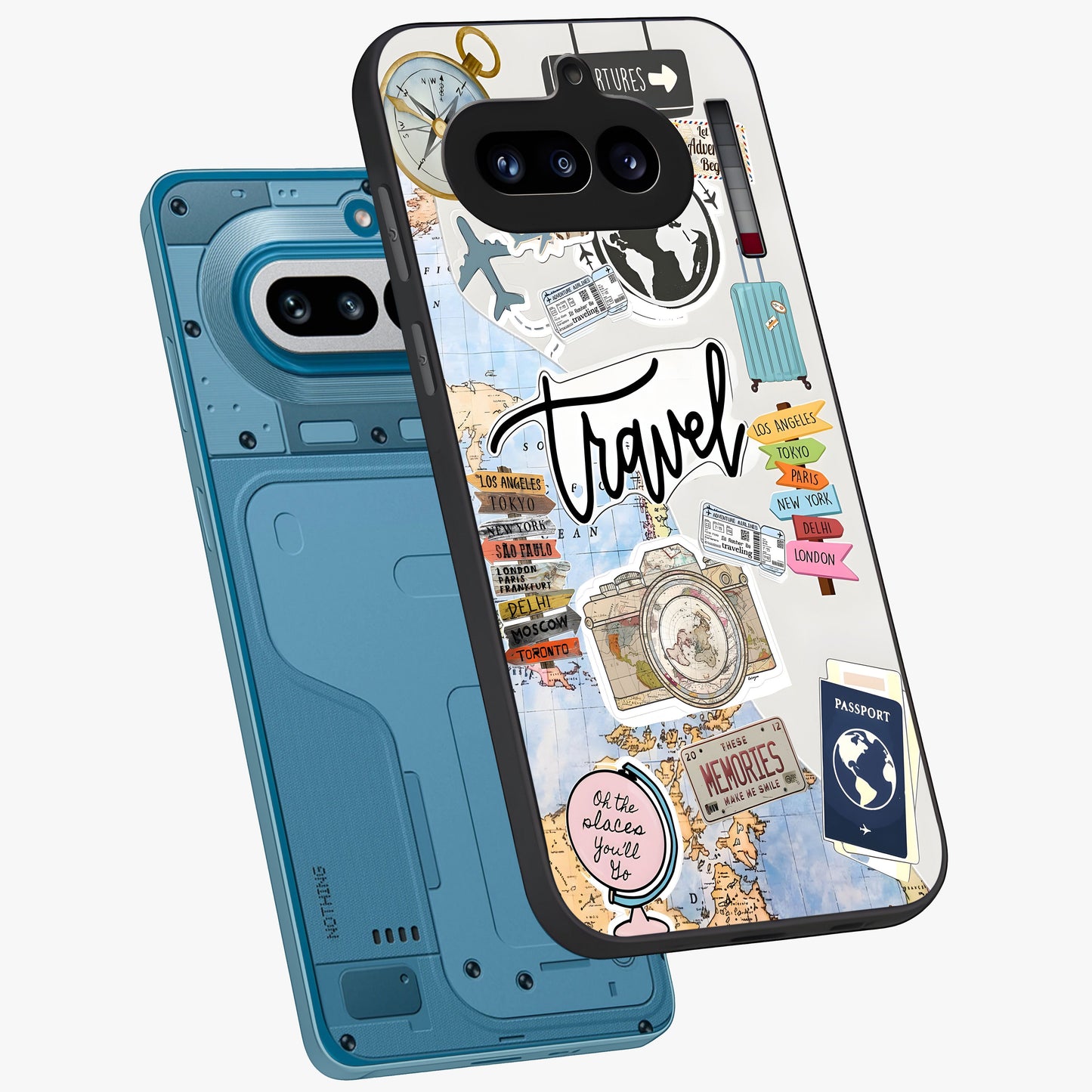 Wanderlust Journal Glass Case displayed in angled mockup highlighting adventure themed design with aesthetic travel vibe.